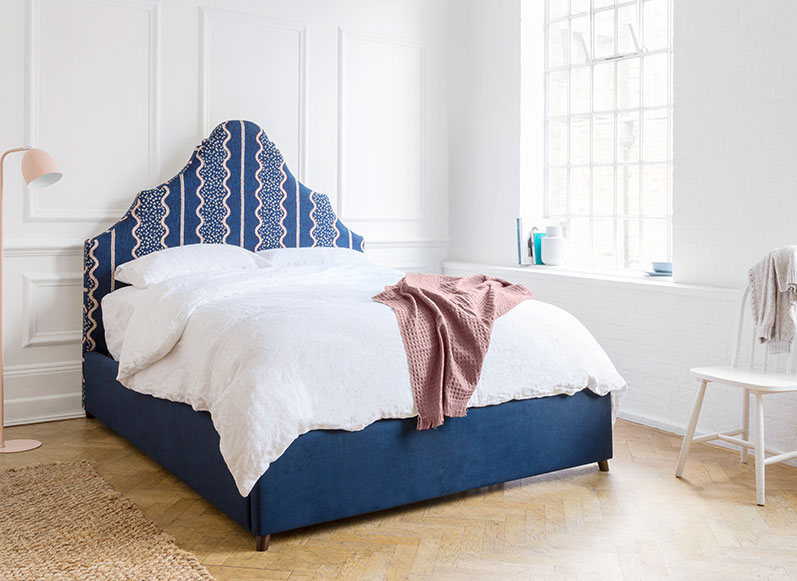 Gothic Double Bed in Designers Guild Jasham Indigo